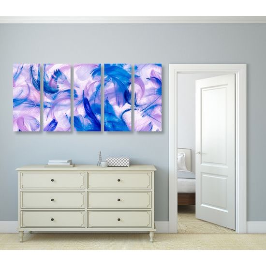 5-dielny obraz fialovo modré abstraktné pierka na bielom pozadí