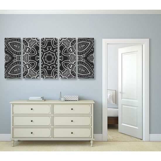 5-dielny obraz čiernobiela Mandala v indickom štýle