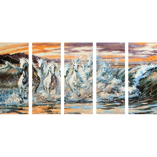 5-dielny obraz kone brodiace sa vo vode