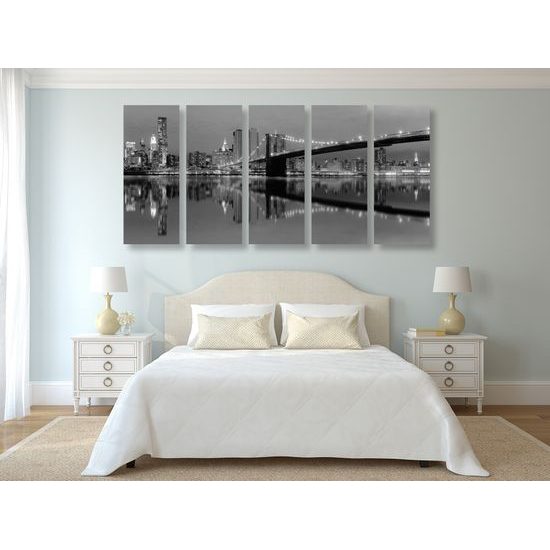 5-dielny obraz krása nočného Manhattanu v čiernobielom prevedení