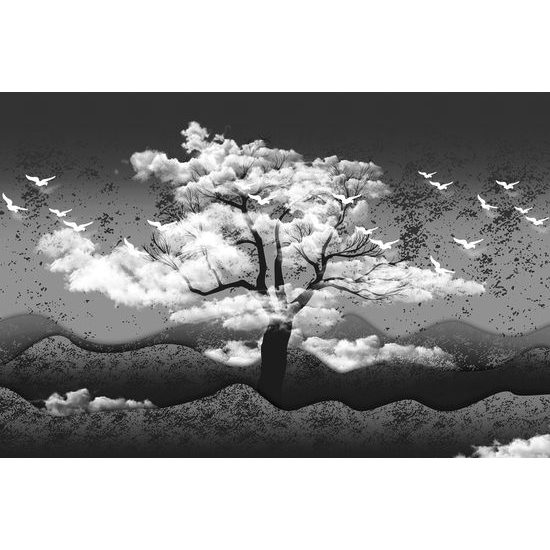 Samolepiaca tapeta čiernobiely strom v oblakoch