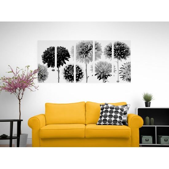5-dielny obraz čiernobiele kvety dálie