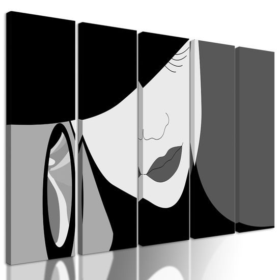5-dielny obraz elgantnosť ženy v čiernobielom prevedení