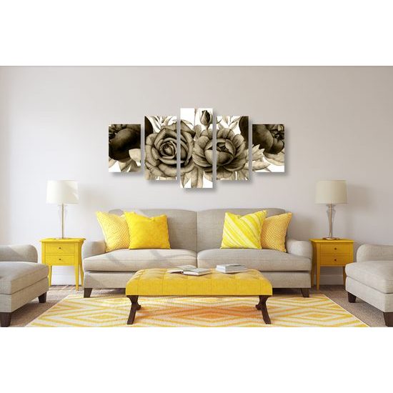 5-dielny obraz nežné splynutie ruží a listov v sépiovom prevedení