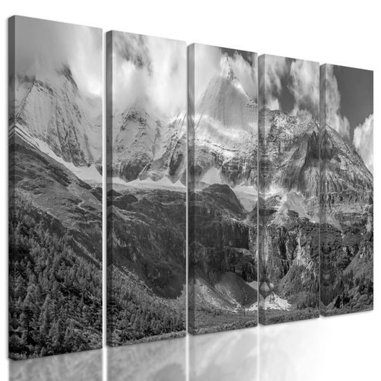 5-dielny obraz dychberúce hory v čiernobielom prevedení