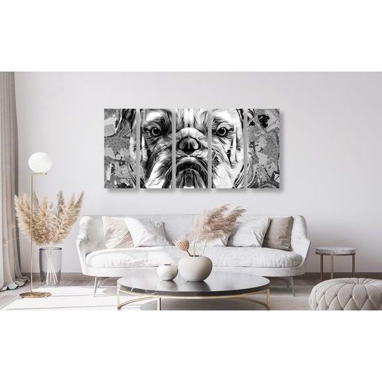 5-dielny obraz čiernobiely buldog v pop art prevedení