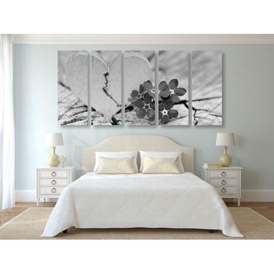 5-dielny obraz zlomené srdiečko v čiernobielom prevedení