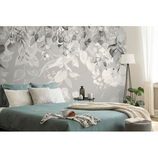 Tapeta krásne listy v čiernobielom prevedení