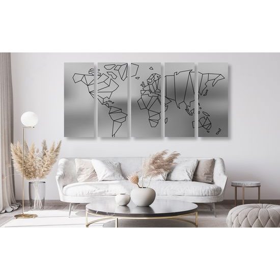 5-dielny obraz umelecká abstrakcia mapy sveta v čiernobielom prevedení