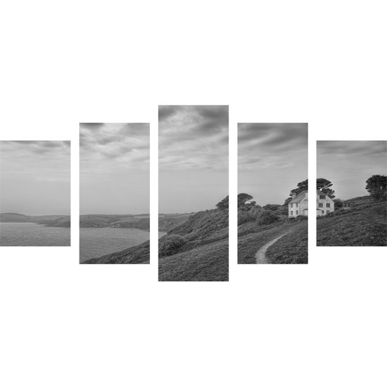 5-dielny obraz dom pri mori v čiernobielom prevedení