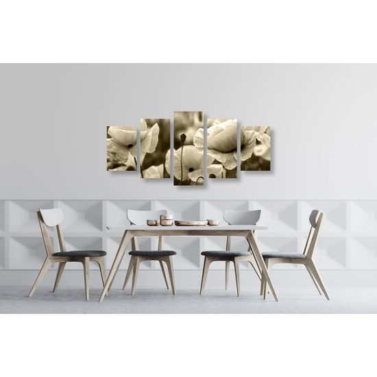 5-dielny obraz jedinečné divé maky v sépiovom prevedení