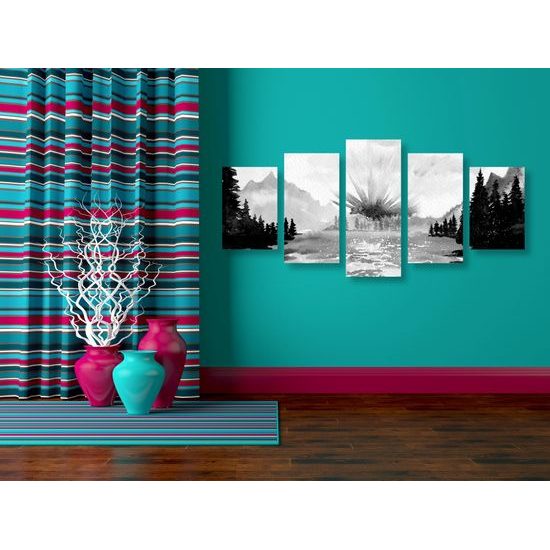 5-dielny obraz maľovaná horská krajinka v čiernobielom prevedení