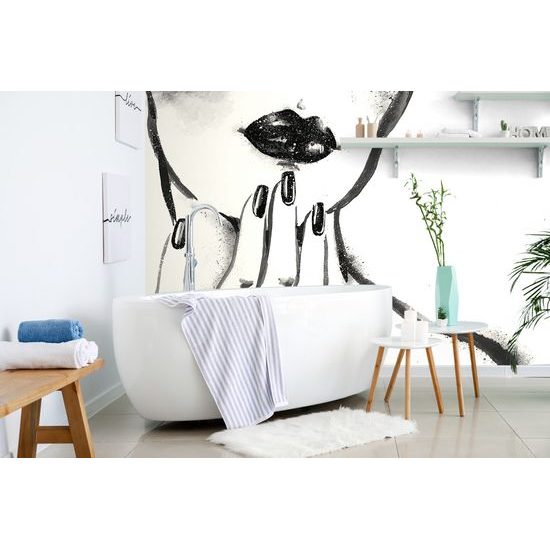 Samolepiaca tapeta maľovaný detail ženských pier v čiernobielom prevedení