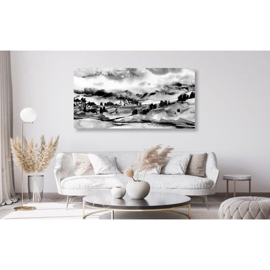 Obraz akavarelové Talianske mestečko v čiernobielom prevedení