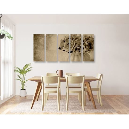 5-dielny obraz malé ružičky v sépiovom prevedení
