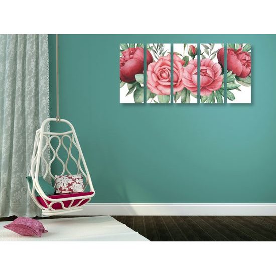 5-dielny obraz nežné splynutie ruží a listov