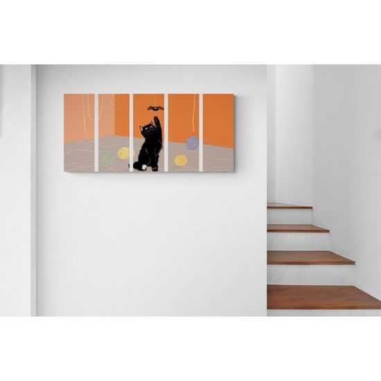 5-dielny obraz umelecké stvárnenie hravej čiernej mačky