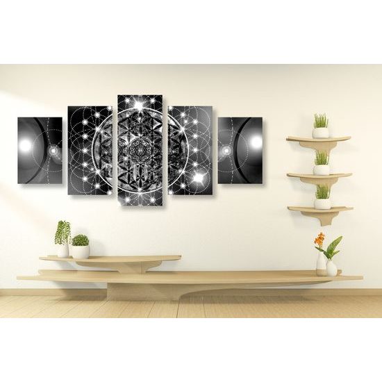 5-dielny obraz okúzľujúca Mandala v čiernobielom prevedení