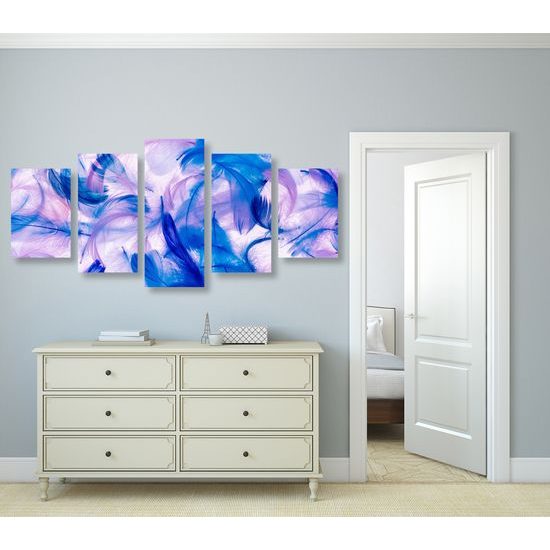 5-dielny obraz fialovo modré abstraktné pierka na bielom pozadí