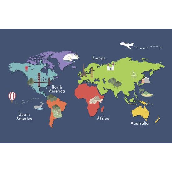 Obraz na korku mapa sveta s kreslenými dominantami
