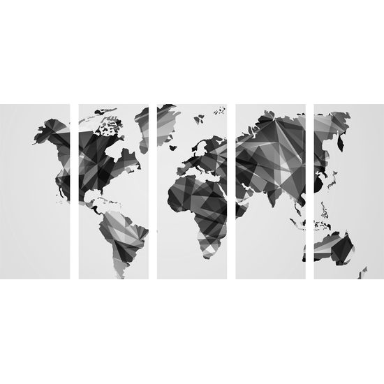 5-dielny obraz mapa sveta tovrená polygonmi v čiernobielom prevedení