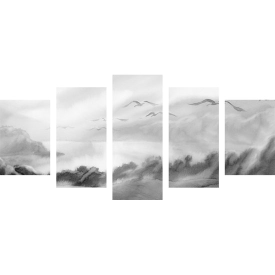 5-dielny obraz divoké čajky v čiernobielom prevedení