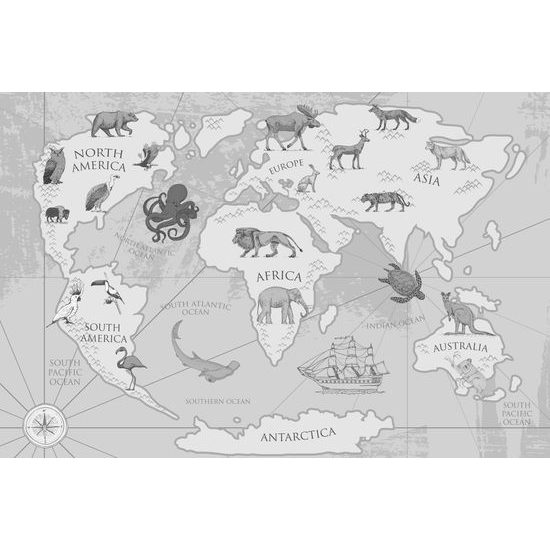 Obraz kreslená mapa sveta s zvieratami v čiernobielom prevedení