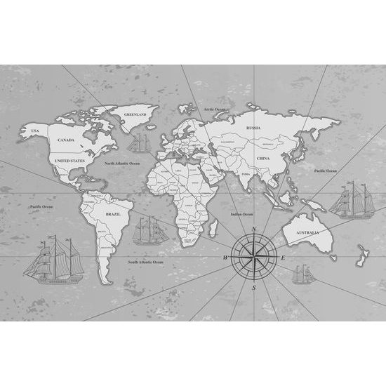 Obraz čiernobiela mapa sveta pre dobrodruhov