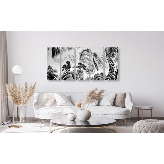 5-dielny obraz čiernobiela maľba čínskej krajiny