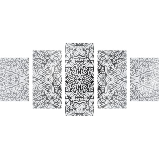 5-dielny obraz umelecká Mandala v čiernobielom prevedení