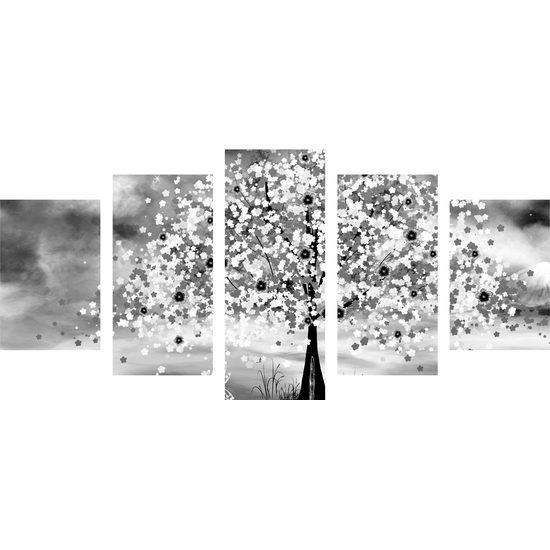 5-dielny obraz krásy japonskej prírody v čiernobielom prevedení