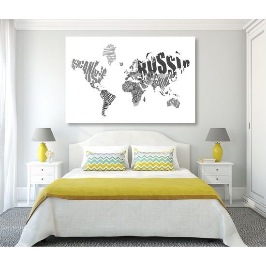 Obraz čiernobiela mapa sveta tvorená názvami jednotlivých krajín