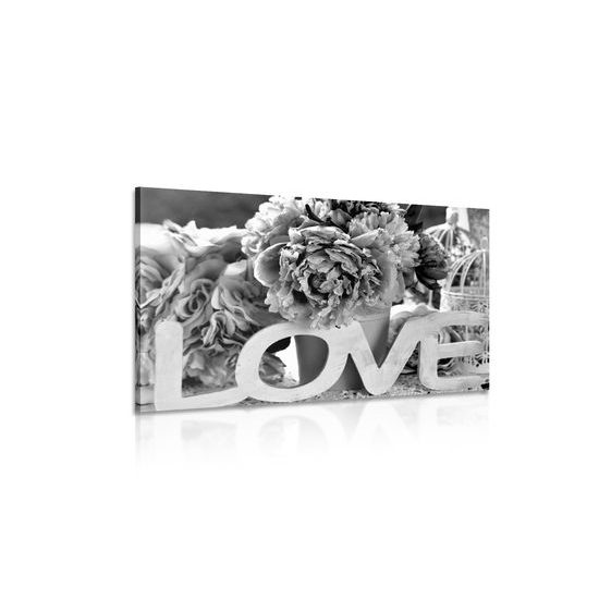 Obraz nápis Love v romantickom prevedení v čiernobielom prevedení