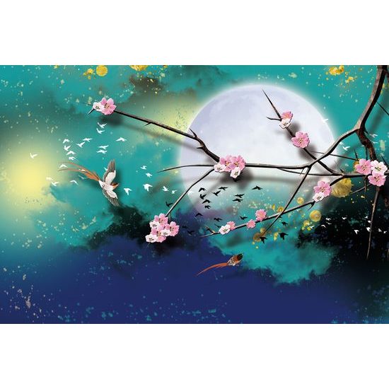 Samolepiaca tapeta kresba konára s kvetmi pri splne mesiaca