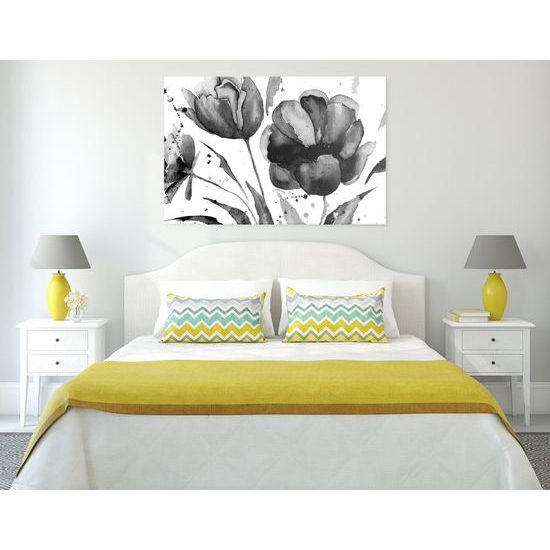 Obraz maľované tulipány v čiernobielom prevedení