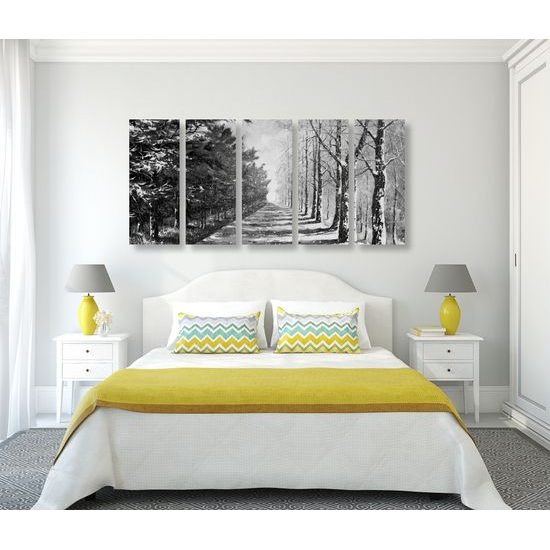 5-dielny obraz zasnežená alej v čiernobielom prevedení
