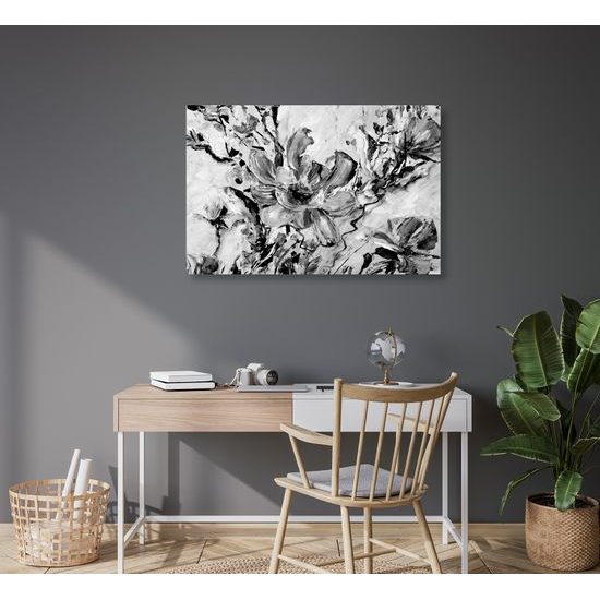 Obraz nádherná maľovaná abstrakcia kvetu v čiernobielom prevedení