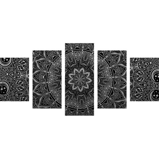 5-dielny obraz starodávna Mandala v čiernobielom prevedení