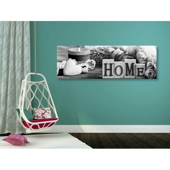 Obraz romantické zátišie s nápisom Home v čiernobielom prevedení