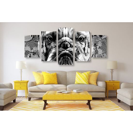 5-dielny obraz nahnevaný buldoček v čiernobielom prevedení
