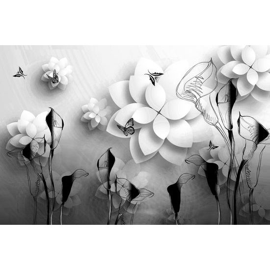 Samolepiaca tapeta zaujímavé abstraktné kvety v čiernobielom prevedení