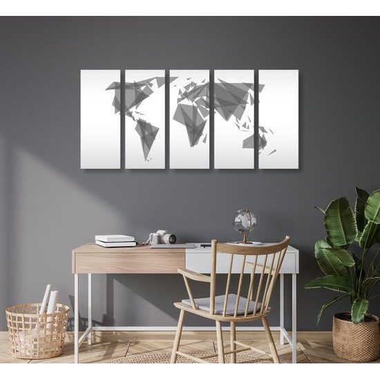 5-dielny obraz mapa sveta tvorená trojuholníkmi v čiernobielom prevedení