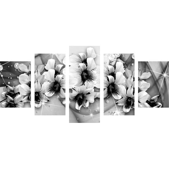 5-dielny obraz abstraktné kvety v čiernobielom prevedení