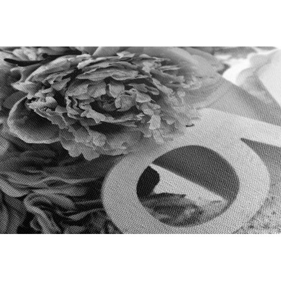 Obraz nápis Love v romantickom prevedení v čiernobielom prevedení