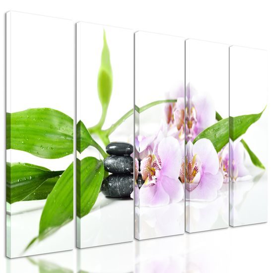 5-dielny obraz ukľudňujúce Zen zátišie s kvetmi orchidey