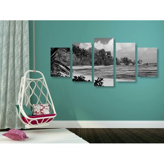 5-dielny obraz pohľad na tropický ostrov v čiernobielom prevedení