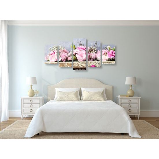 5-dielny obraz kvety karafiátu a ružové srdiečko