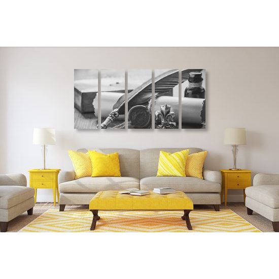 5-dielny obraz historický list v čiernobielom prevedení