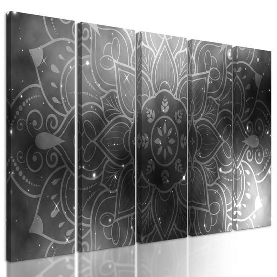 5-dielny obraz Mandala s vesmírnym pozadím v čiernobielom prevedení