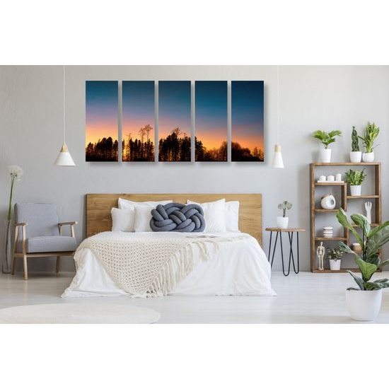 5-dielny obraz les pri západe slnka